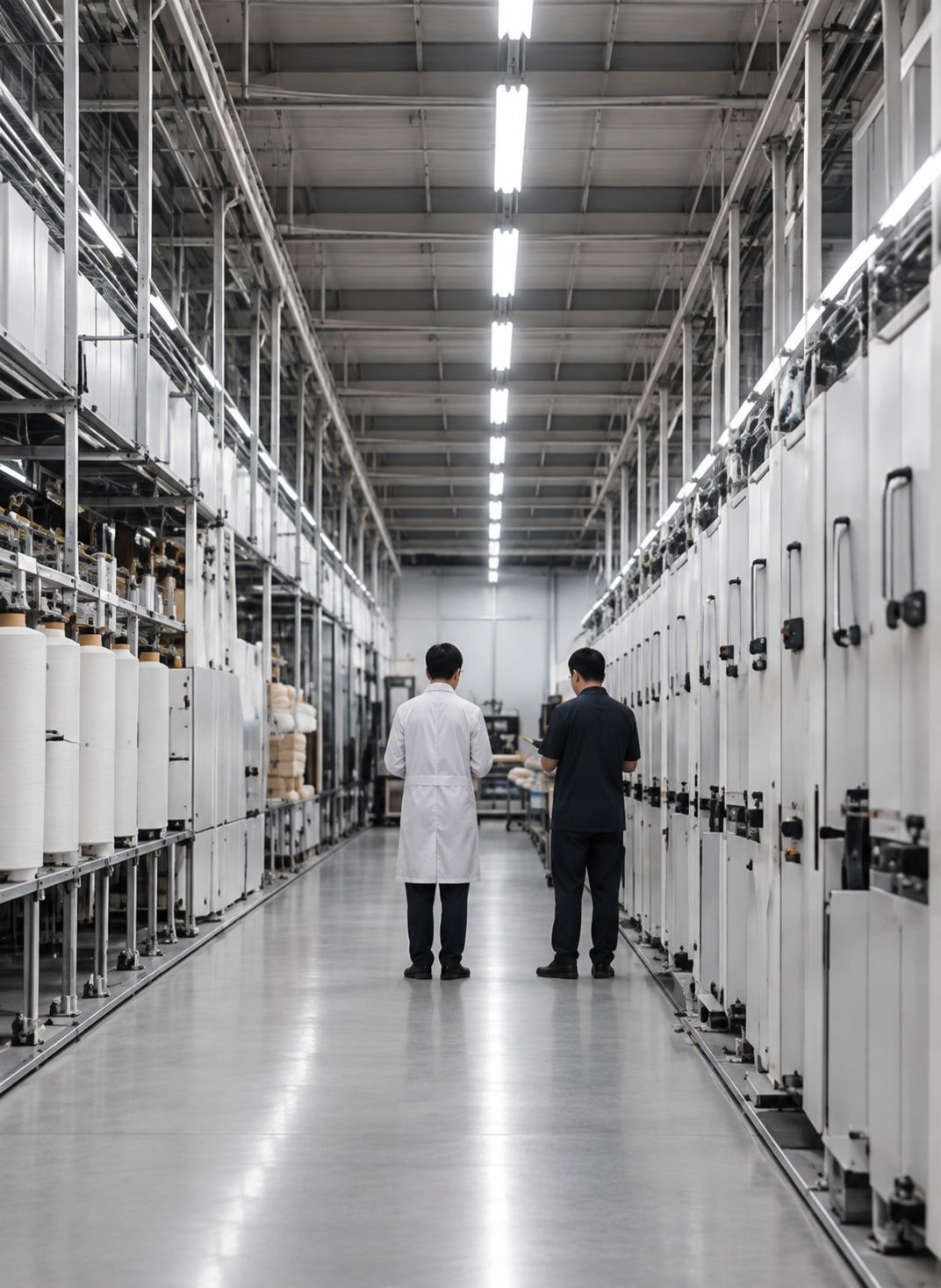 Two people walking through a clean, modern factory hall