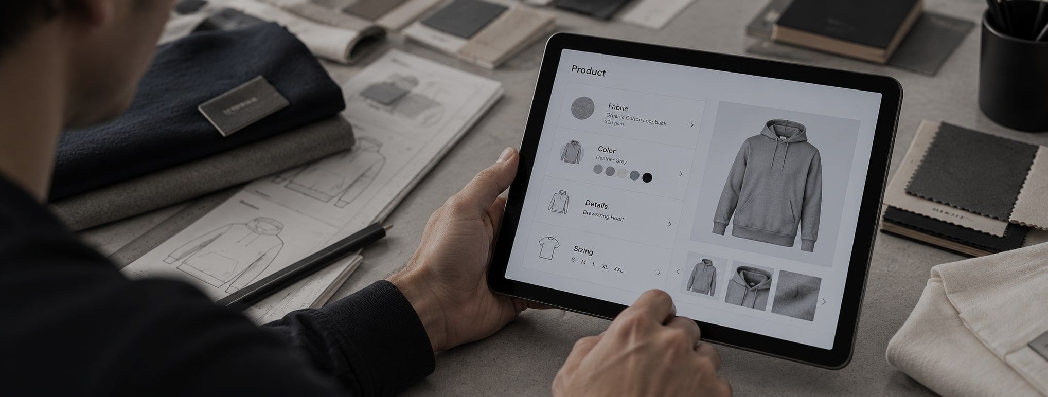 Product developer reviewing a hoodie specification on a tablet, surrounded by sketches and fabric swatches